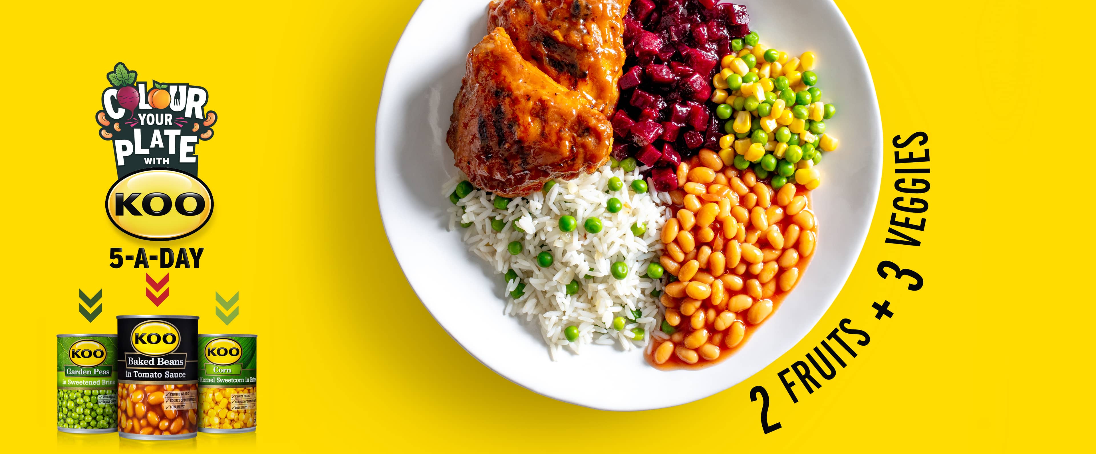 A plate of food containing roast chicken and vegetables on the side which include beetroot, corn, peas and baked beans
