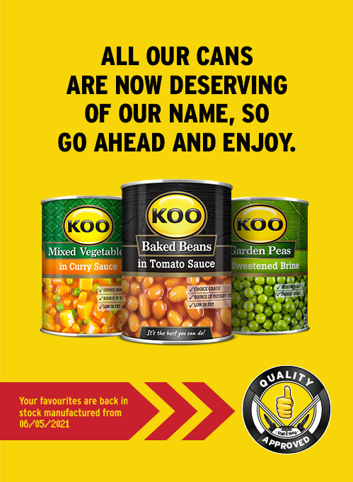 Display of Quality Approved KOO cans that were manufactured from the 6th of May 2021 and are back in stock - Mixed Vegetables in Curry Sauce, Baked Beans in Tomato Sauce and Garden Peas in Sweetened Brine. 